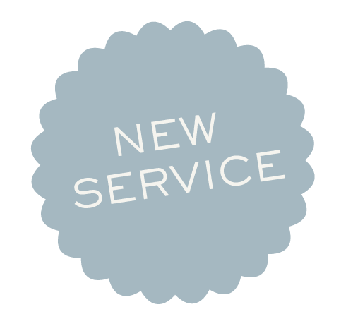 Light blue scalloped badge with the text 'NEW SERVICE' in white letters.