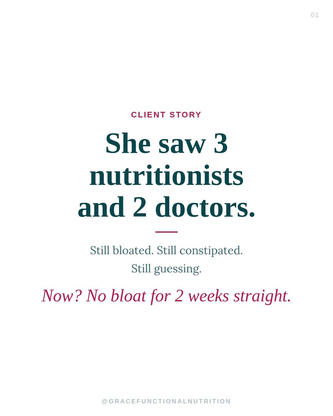 My client came to me after 3 other nutritionists and 2 doctors. Still bloated. Still constipated. Still guessing.

And she wasn&rsquo;t getting better.

Four months after starting our work together? ➡️ No bloat for 2 weeks straight.

Here&rsquo;s exa