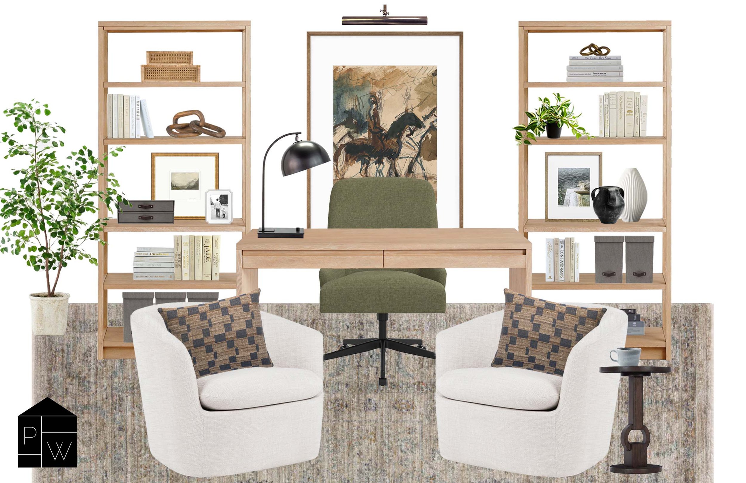 A stylish home office was located just off the entryway, so it needed to look as good as it functioned! This client requested plenty of shelving as well as comfy seating for colleagues and clients.   