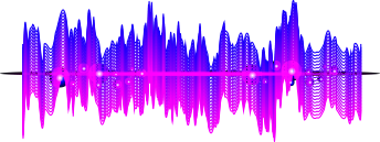Digital audio spectrum analyzer with pink and purple bars and a waveform display.