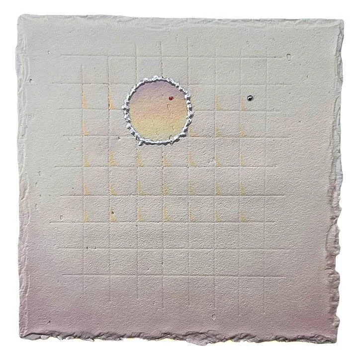 Grace Note 115, 2026  
acrylic, oil, mica, palladium leaf, pink sapphire  
on hand-deckled acrylic substrate  
5.5" x 5.5"