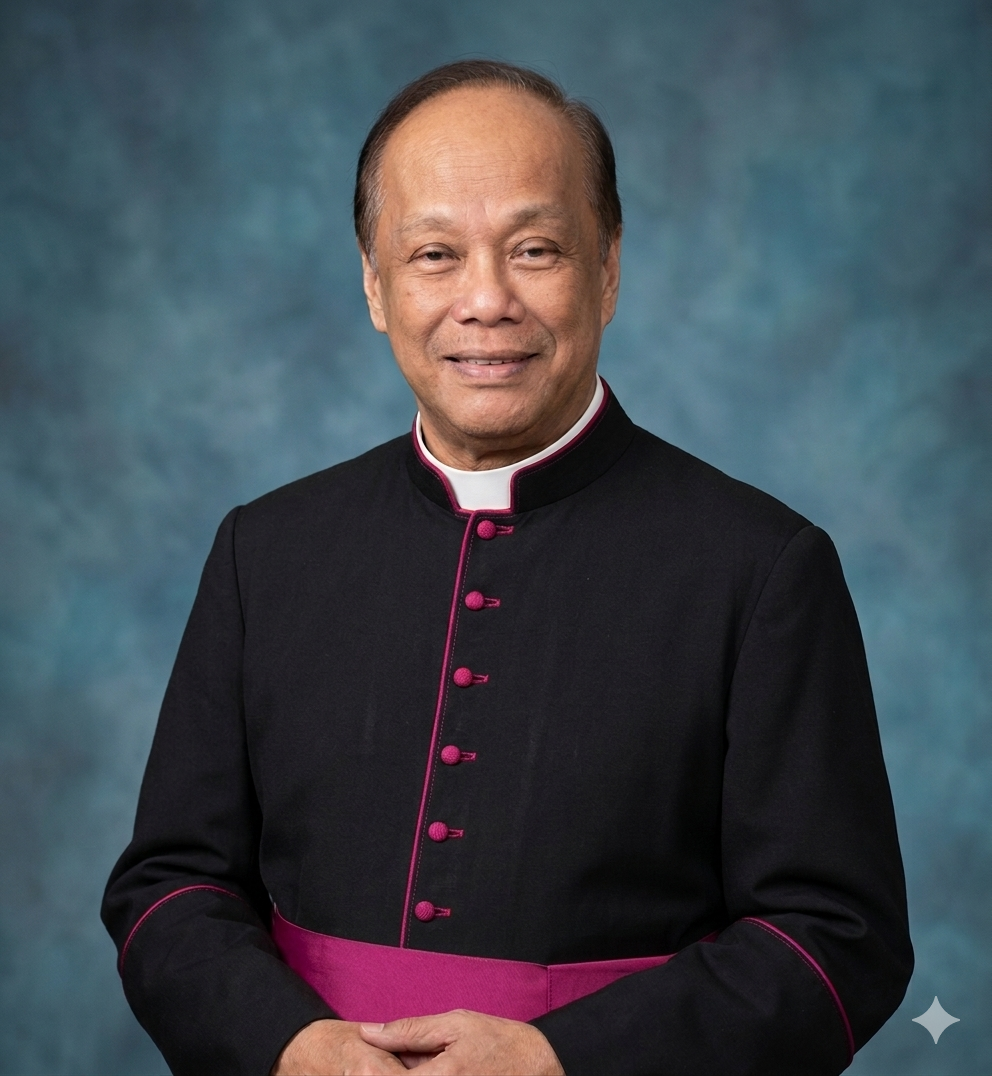 A man in a black jacket with pink accents and a white clerical collar, smiling against a blue-green background.