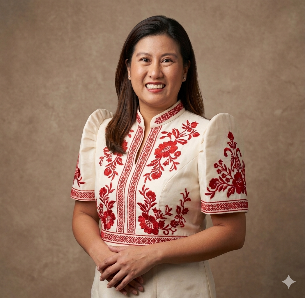A woman wearing a white dress with red floral embroidery, standing with hands clasped, smiling in front of a neutral background.