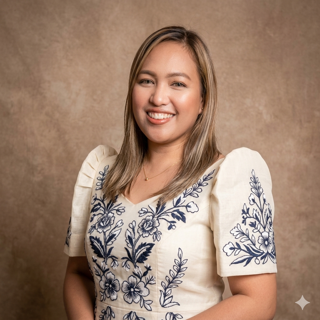 A woman with shoulder-length blonde hair smiling at the camera, wearing a cream-colored dress with blue floral embroidery, standing against a textured brown background.