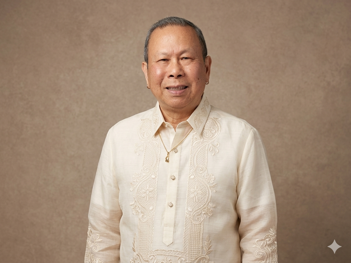 Portrait of a smiling middle-aged man wearing a traditional Filipino Barong Tagalog shirt in cream color with embroidery, standing against a beige background.