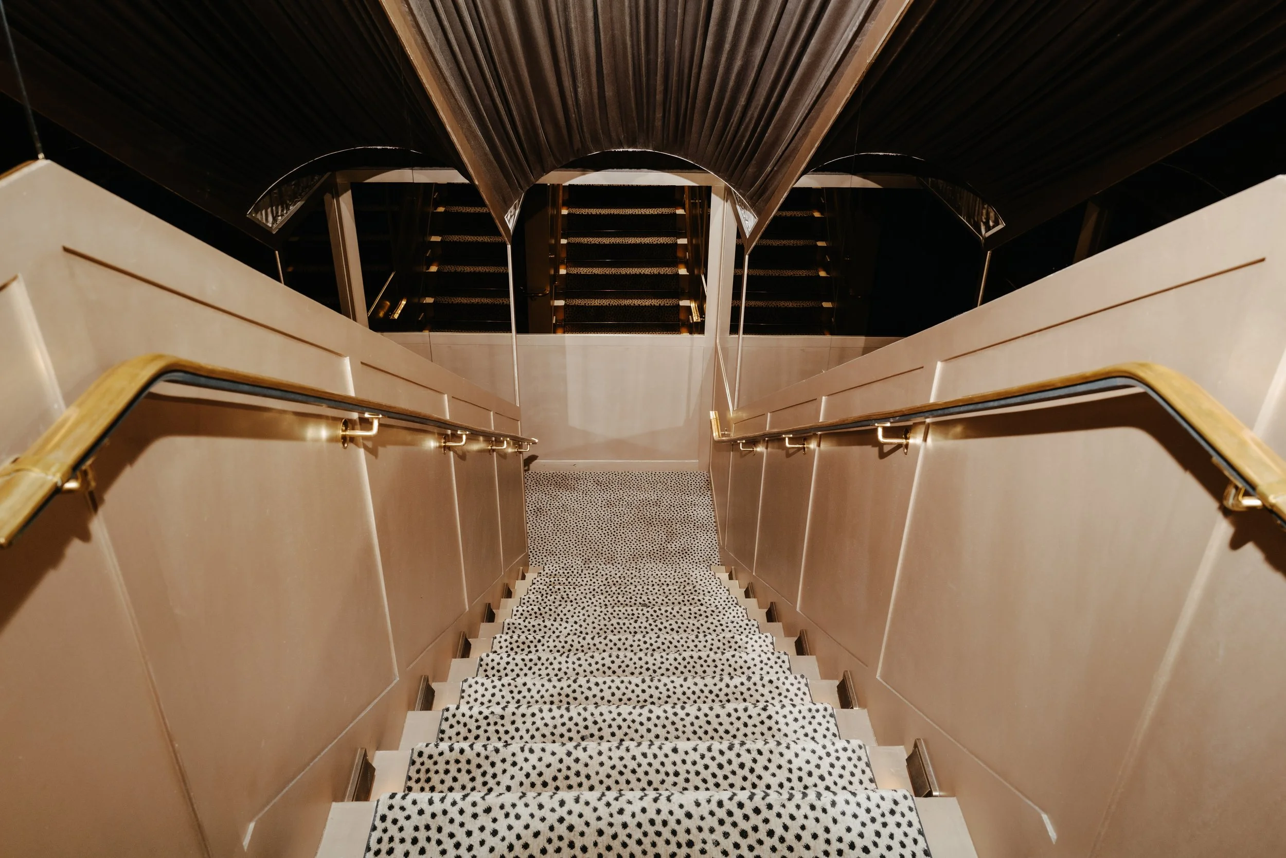 Interior view of a staircase with black and white polka dot carpet, beige walls with wooden trim, and wooden handrails on both sides, leading up to dark stairs with gold accent lighting.