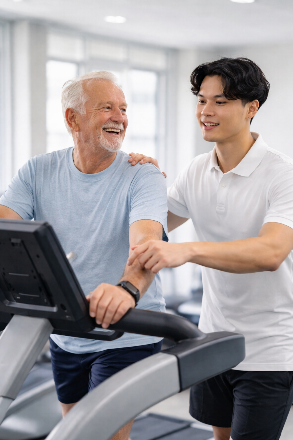 A therapist wearing white polo manually guiding an elderly man on the treadmill