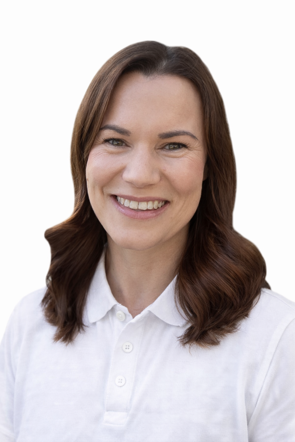 Female with colourful top and short wavy brown hair