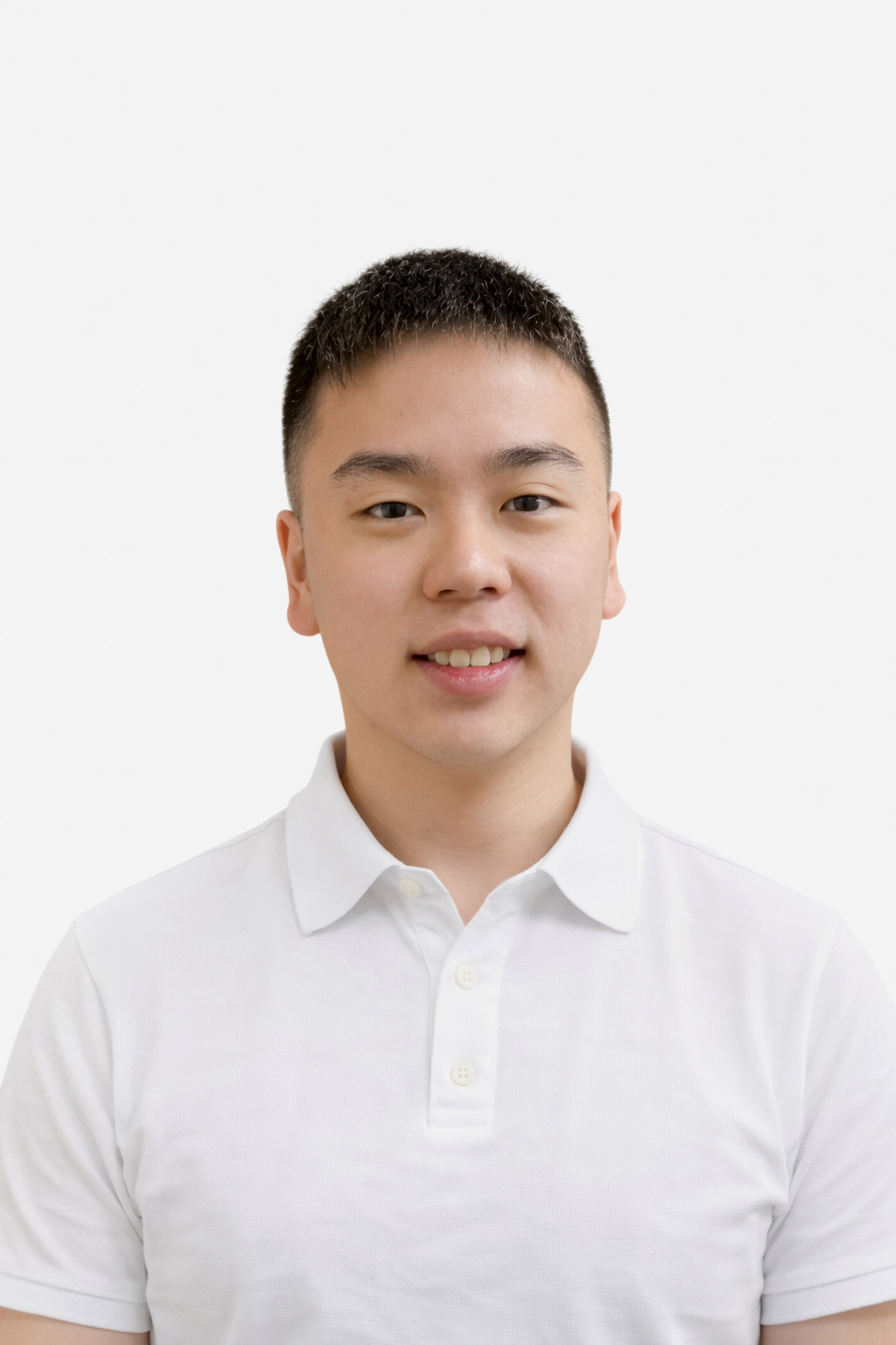 Asian man with short blackhair and white polo