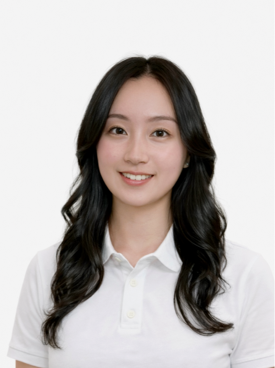 Asian female with long wavy hair and brown eyes