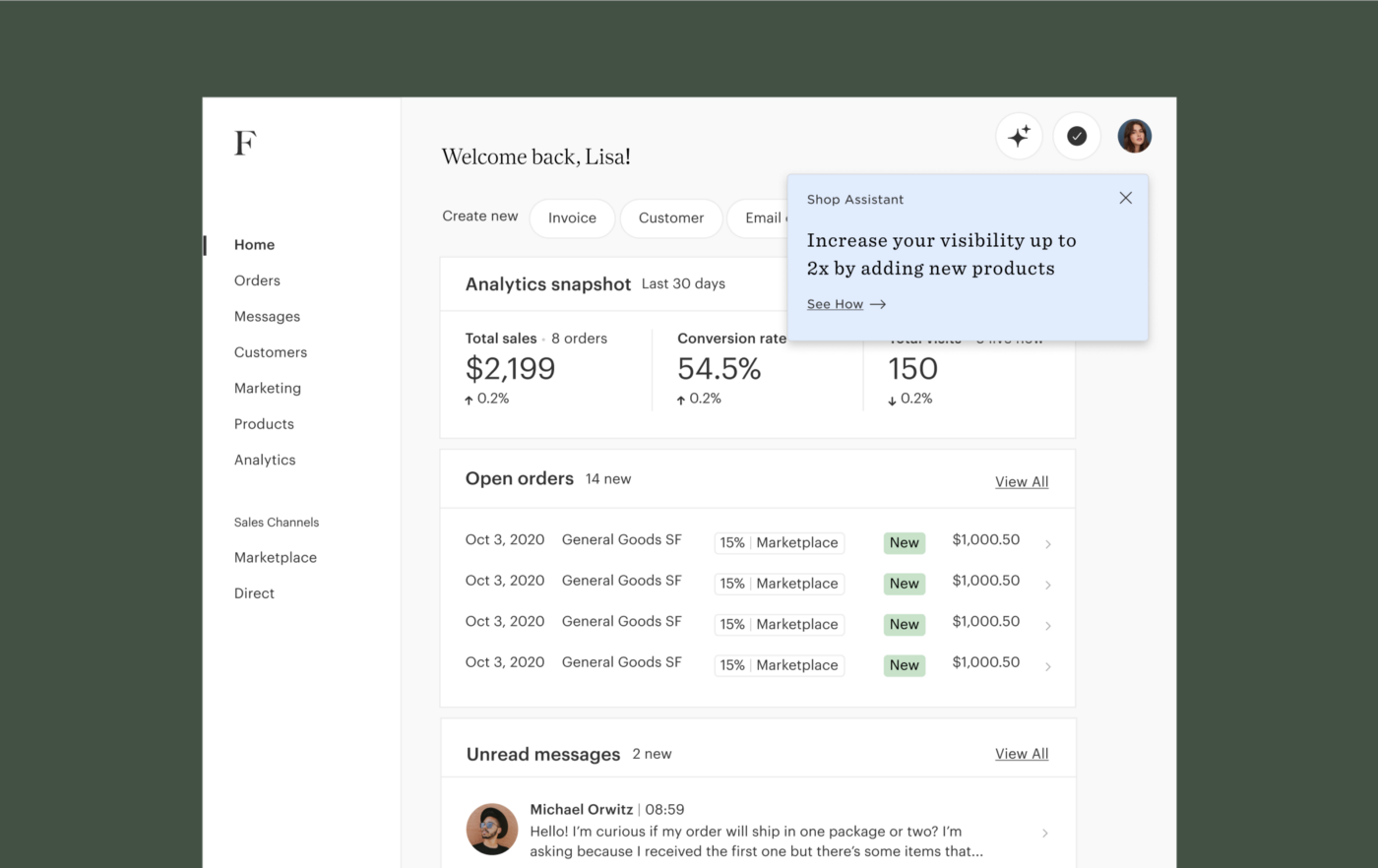 Shop Assistant experience on the Faire Maker Portal
