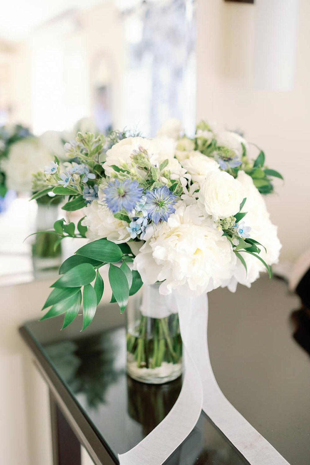 A blue and white bridal bouquet