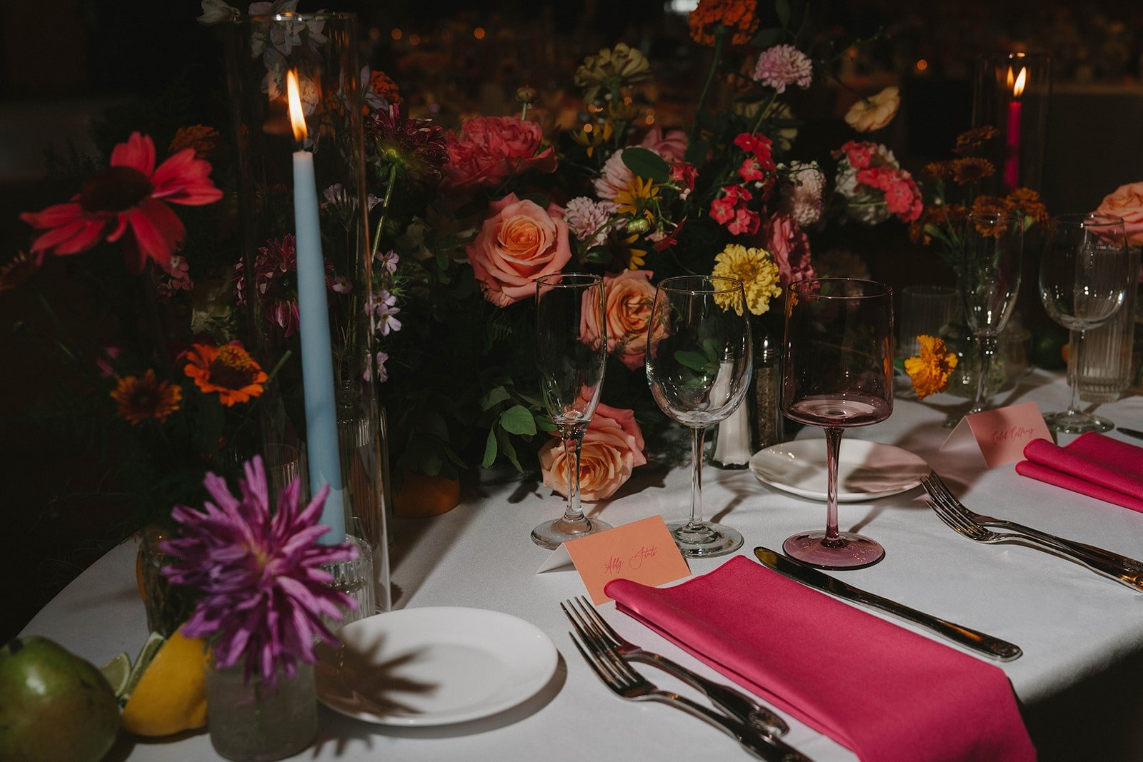 A colorful wedding reception at Nicollet Island Pavilion, photographed by Maddie Van