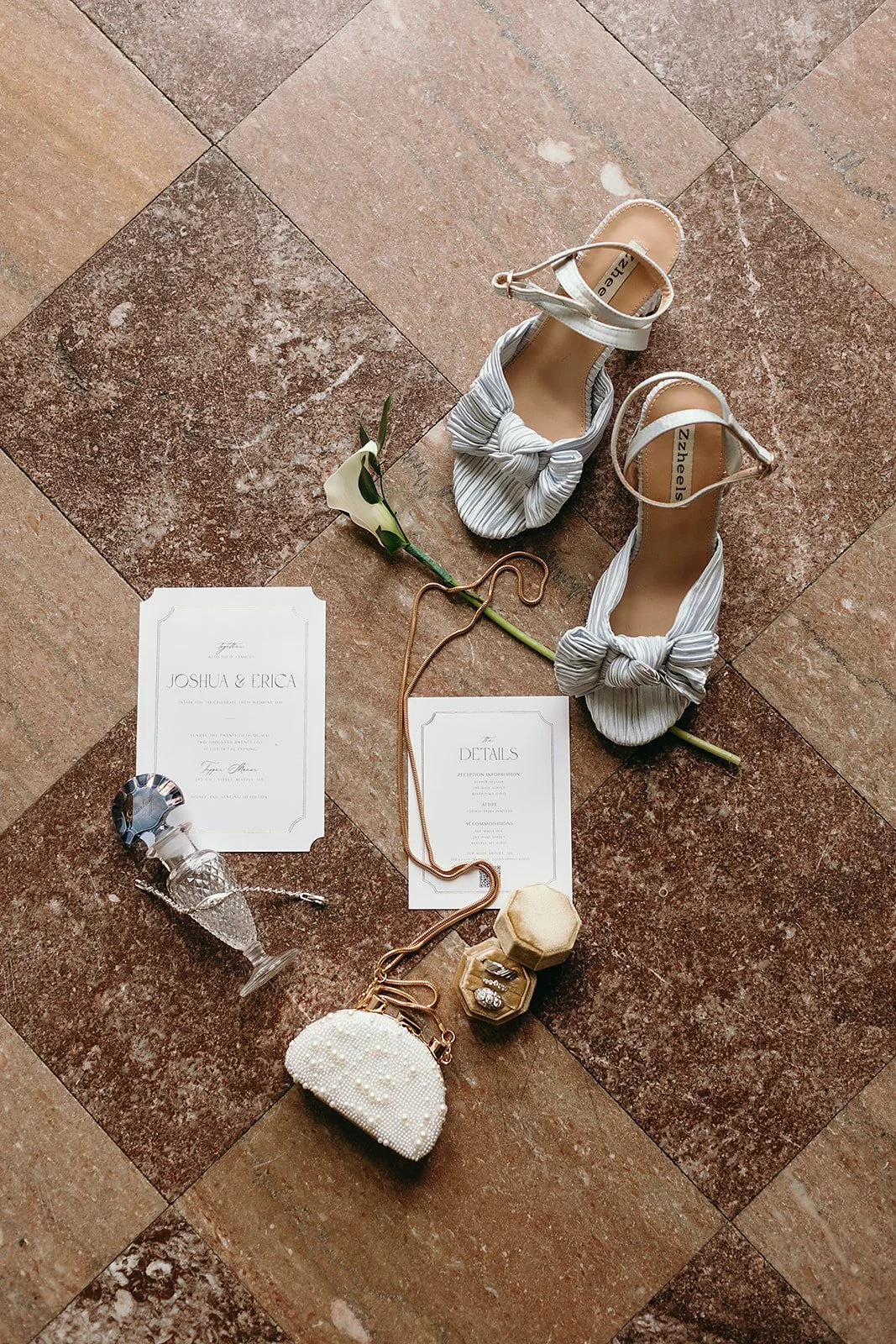 Flat lay of a wedding invitation suite, for a luxury wedding at Tupper Manor
