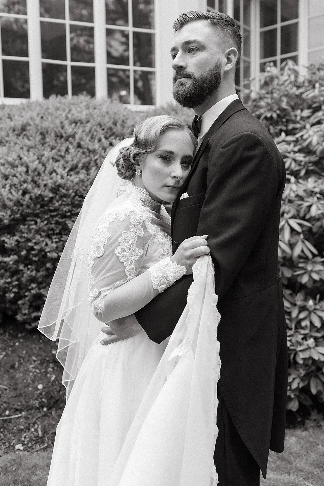 Candid wedding portrait of bride and groom at a Massachusetts estate wedding
