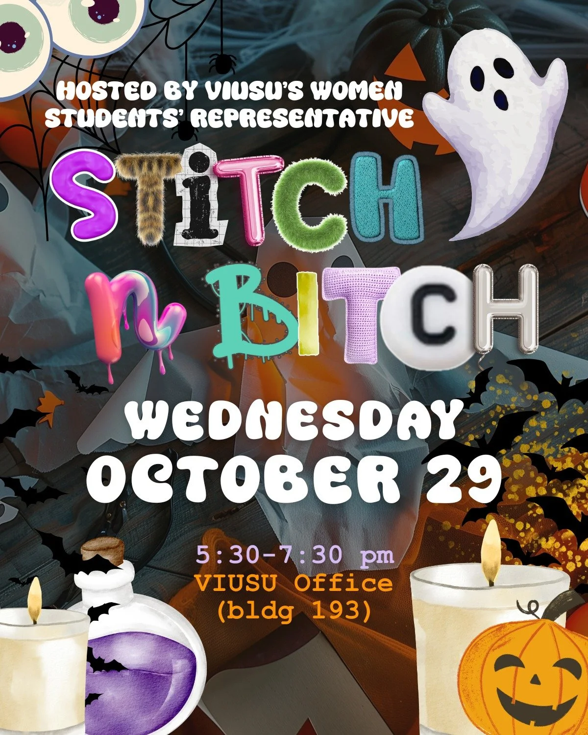 The next Stitch n' Bitch is going to be a spooky one๐ฏ๐ป๐
Wednesday, October 29
VIUSU Building (193) 
5:30 PM - 7:30 PM
Stitch n' Bitch is a safe space for women, non-binary students, and allies to spill/share the tea whilst doing arts & craft