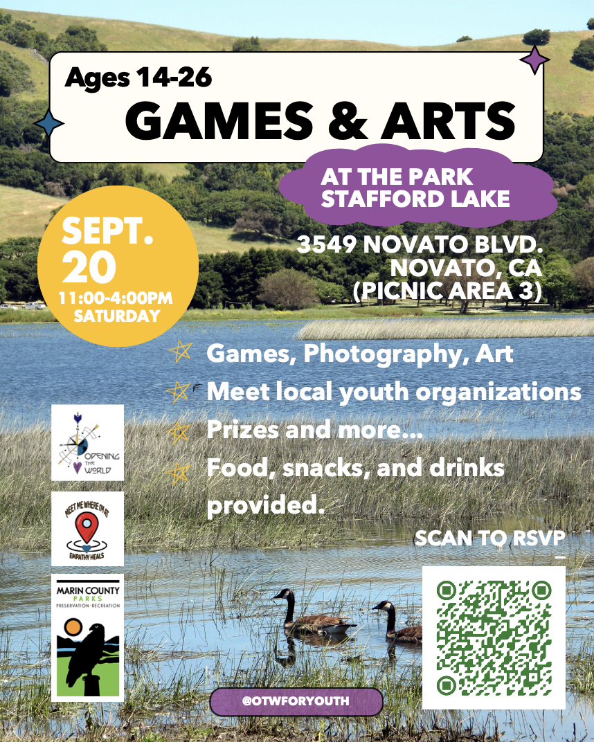 Games and Art in the Parks flyer - Saturday, September 20, 2025, 11:00 am-4:00 pm at Stafford Lake Park, 3549 Novato Blvd, Novato, CA (Picnic Area 3)