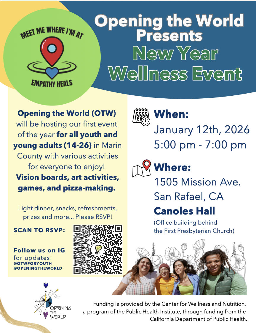 New Year Wellness Event flyer - January 12, 2026, 5:00-7:00 pm at Canoles Hall, 1505 Mission Ave, San Rafael, CA