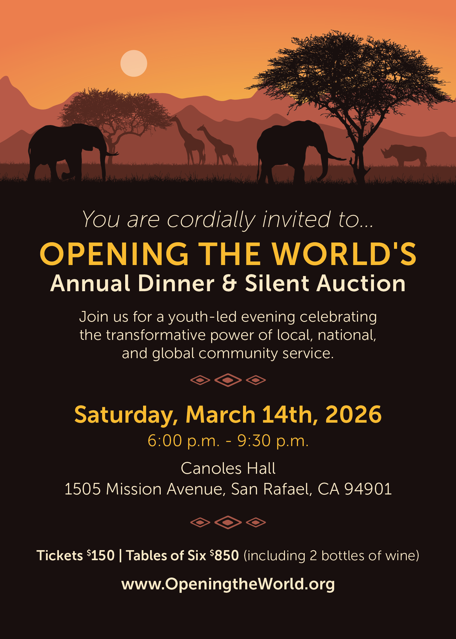 image of elephants and giraffes at sunset with text