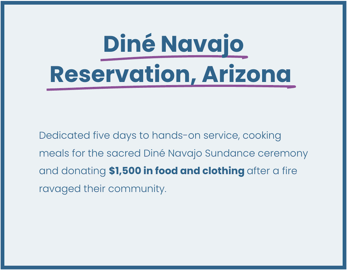 Diné Navajo Reservation graphic: Five days of service at Sundance ceremony, $1,500 donated after fire