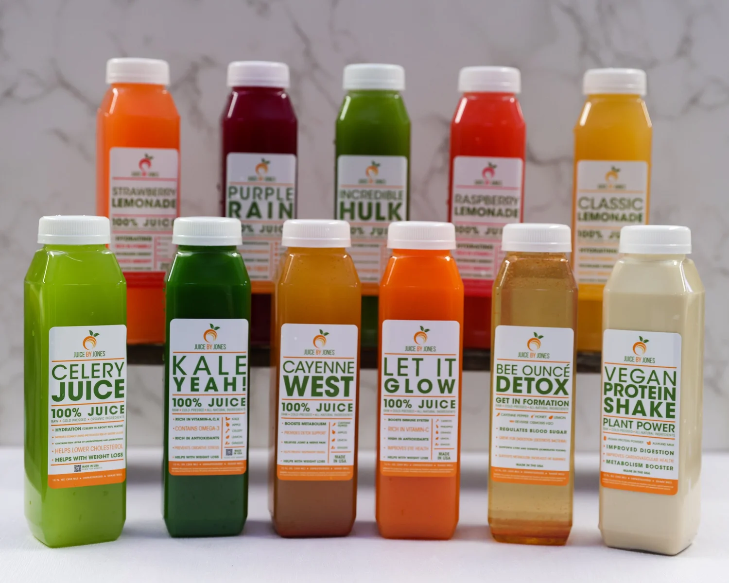The full Juice by Jones lineup of cold-pressed juice bottles