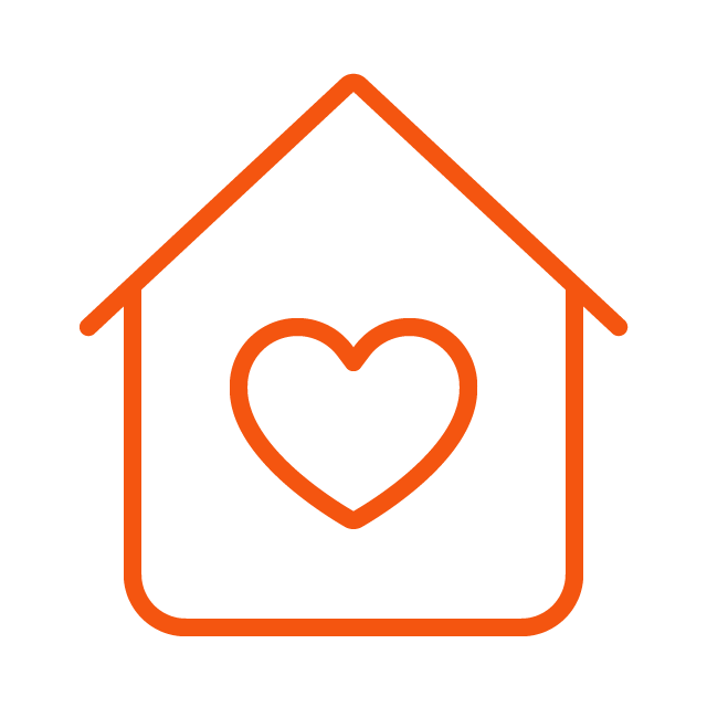 Field of Grace Church home and community icon outline of a house with a heart inside, set against a black background.