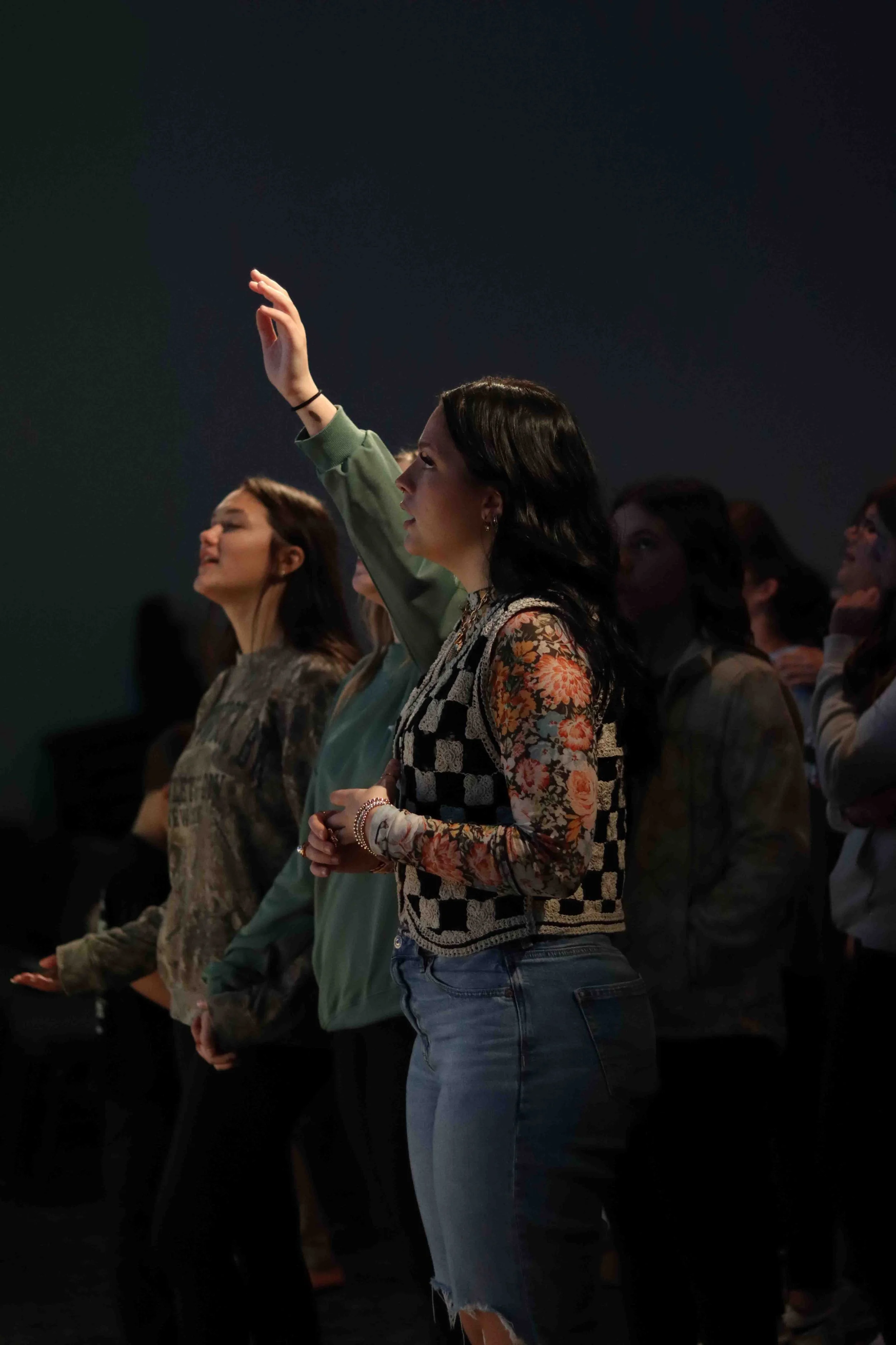 A group of women at a concert or event, with one woman in the foreground raising her hand.
