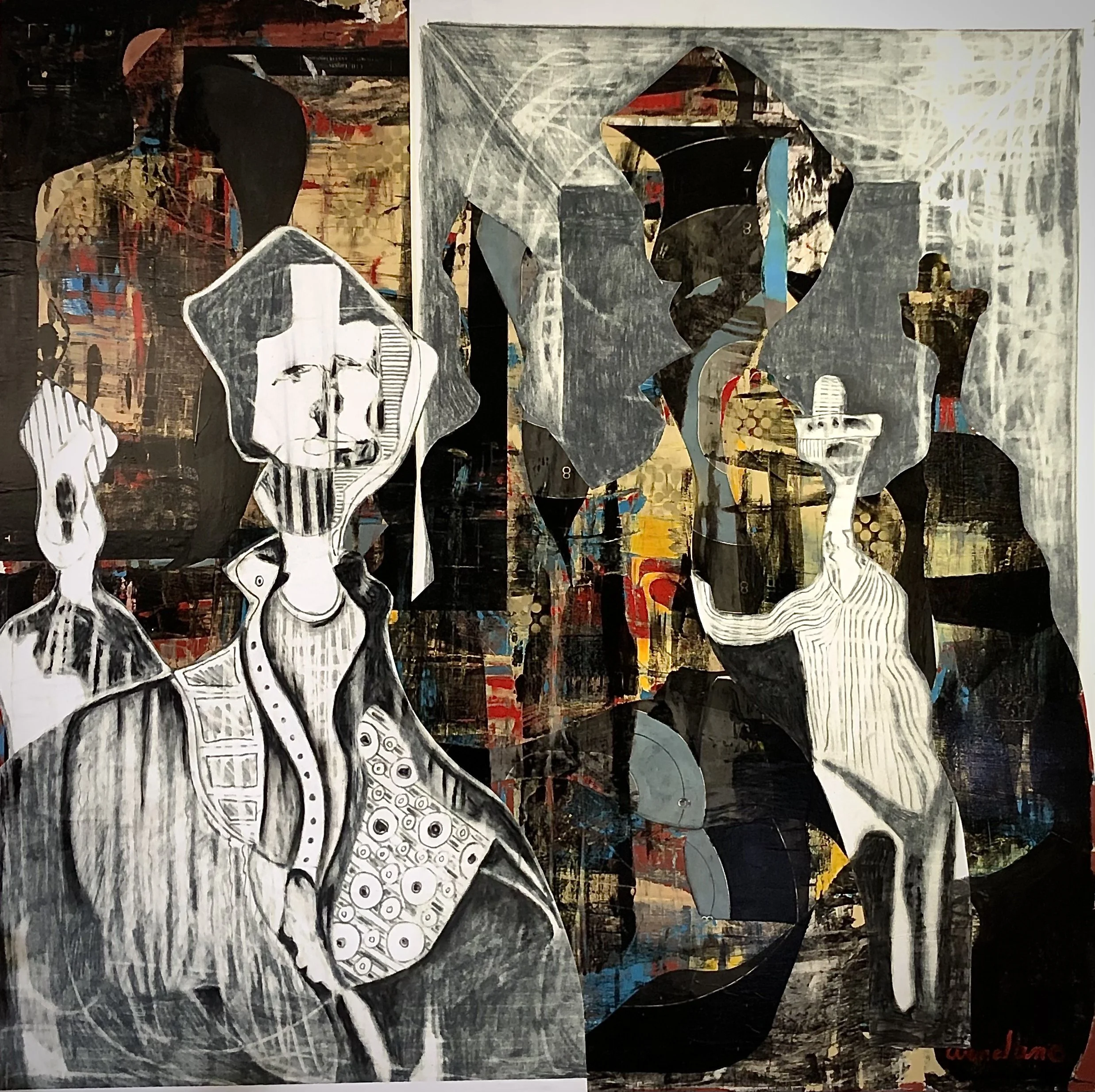 N186b Alchemist No.#015 Bidding  48x48 Oil, collage, charcoal on panel $7200 Occidental Gallery AVAILABLE.jpg