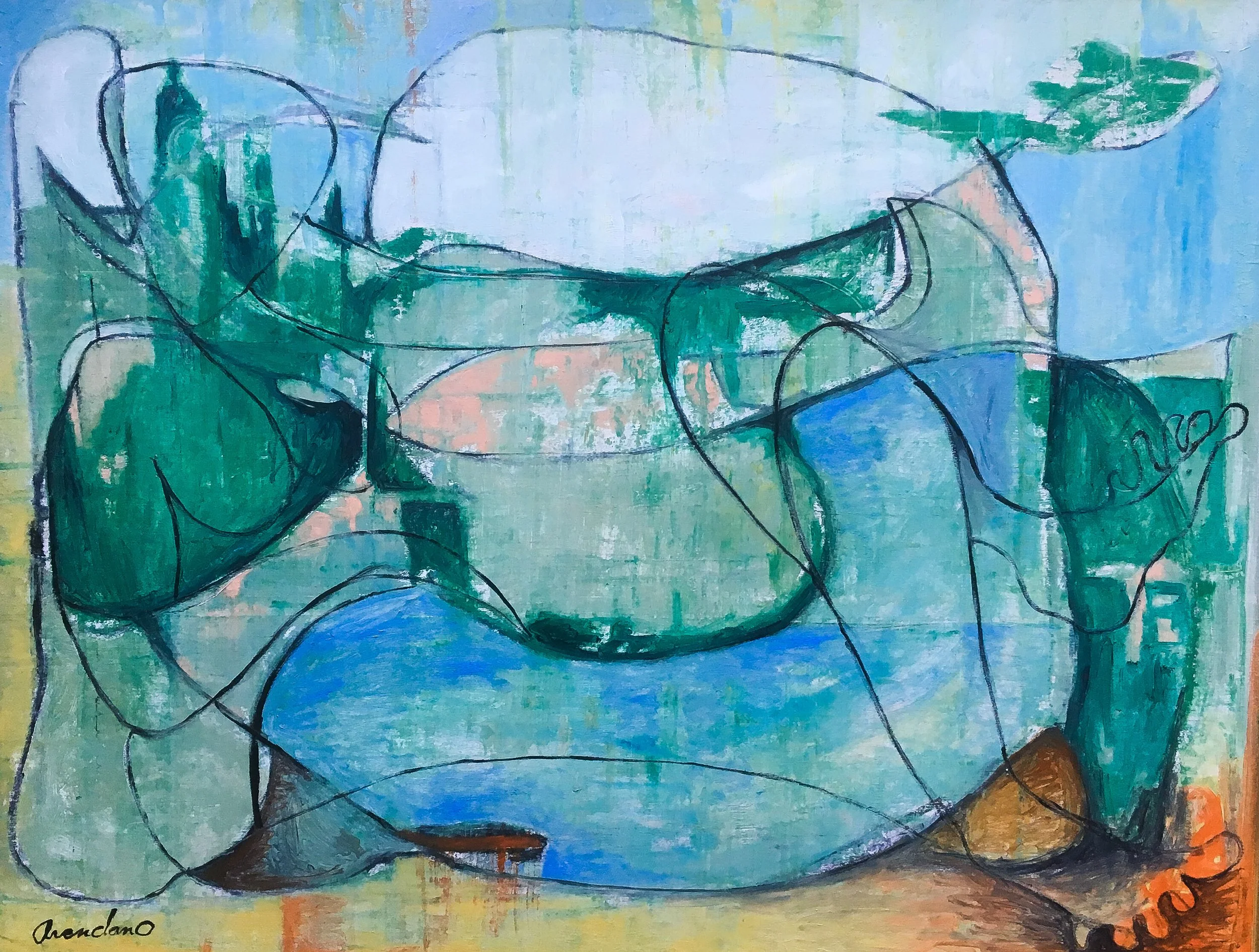 SOLD N82b Crescent Lake Series Red Canoe 39 x 40 Oil on Panel (ID 3791) 2/21/26