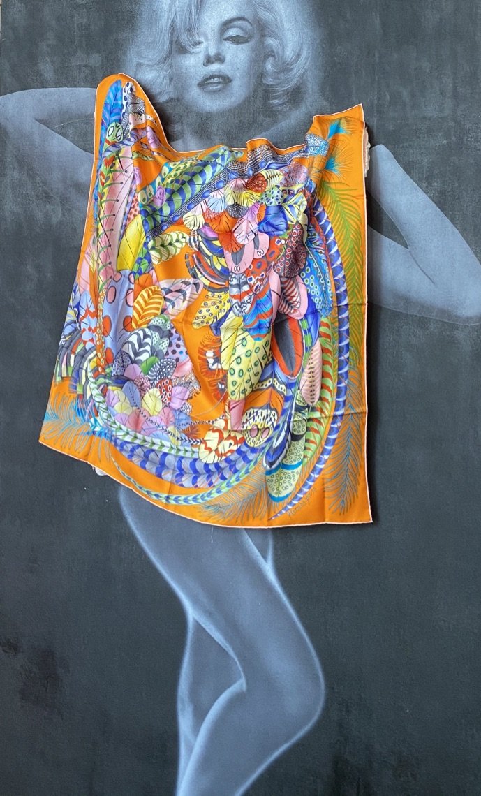 Mixed Media on Canvas w/ Authentic Hermes Scarf 90cm, 84”H x 48”W, Frame  included — ty nitz art