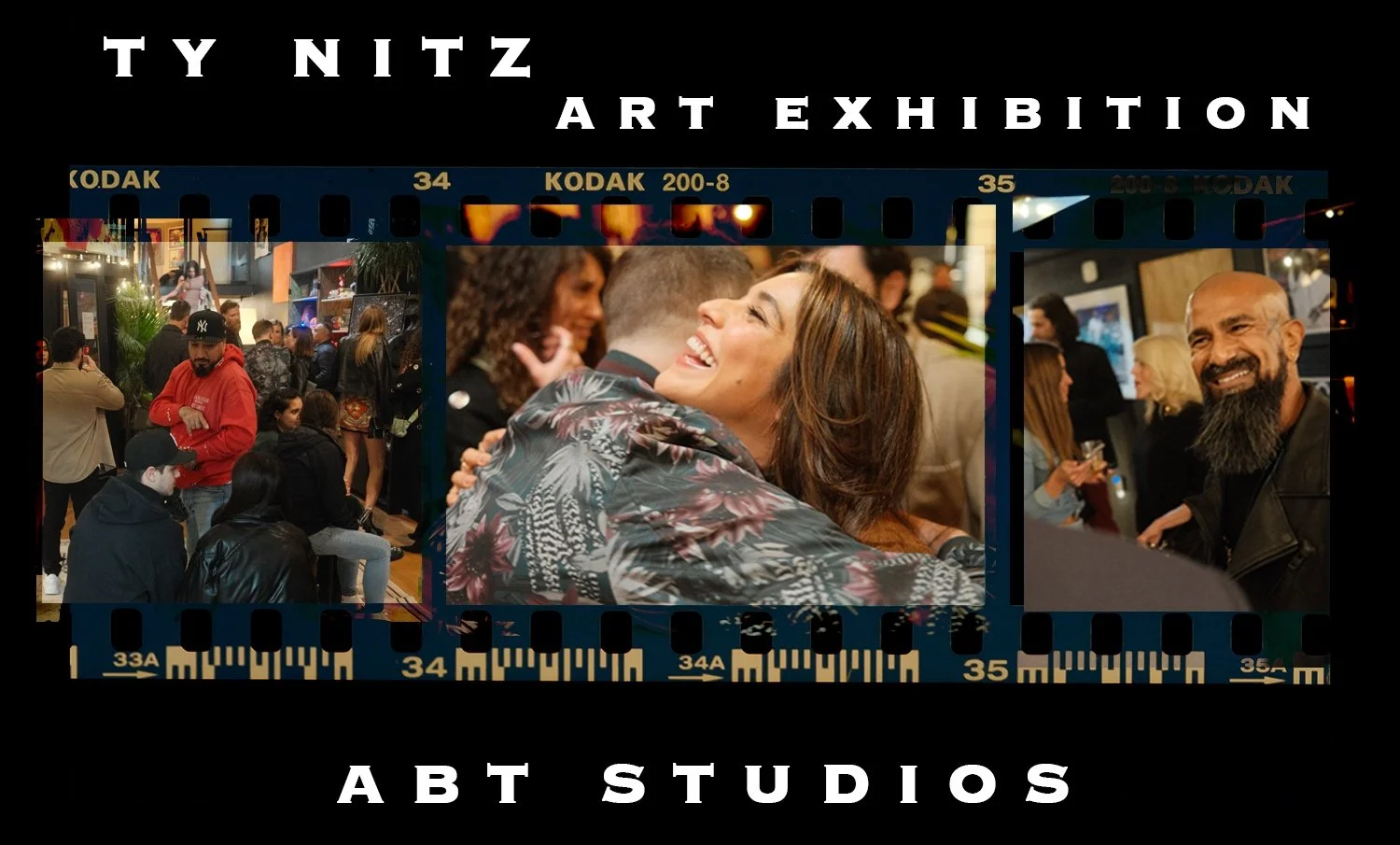 Collage of an art exhibition with people enjoying the event, featuring photos of attendees interacting and smiling, overlaid text "TY NITZ Art Exhibition ABT Studios."