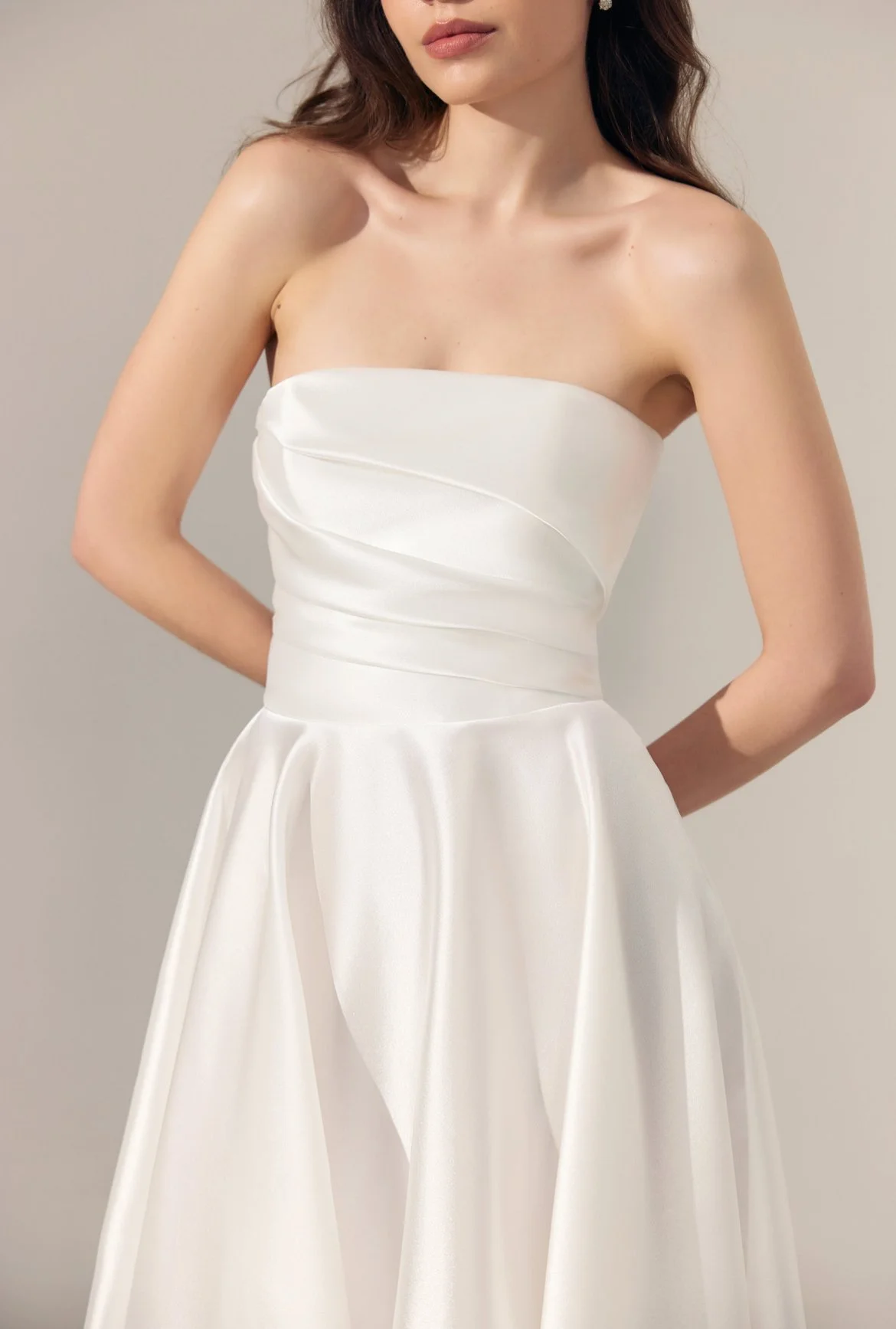 Draped bandeau wedding dress satin shiny stockholm