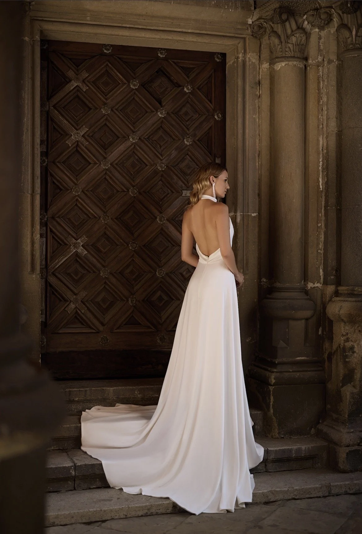 Open back halter wedding dress satin