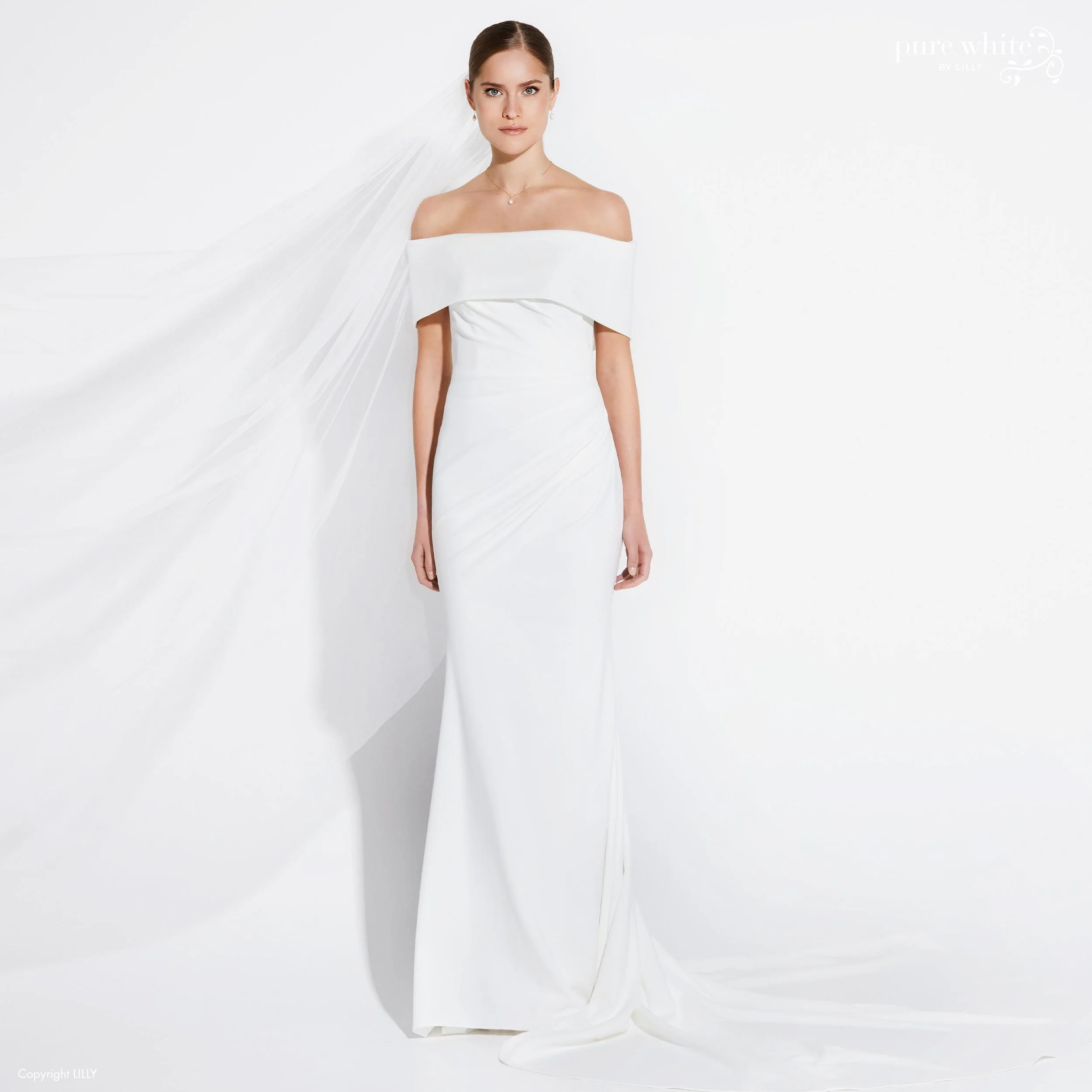 off shoulder form fitting wedding dress satin