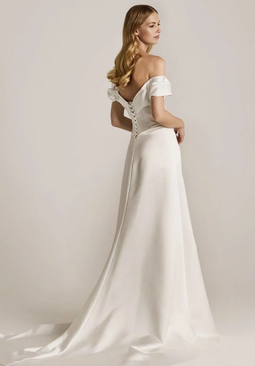 Roughed off shoulder wedding dress stockholm satin luxury