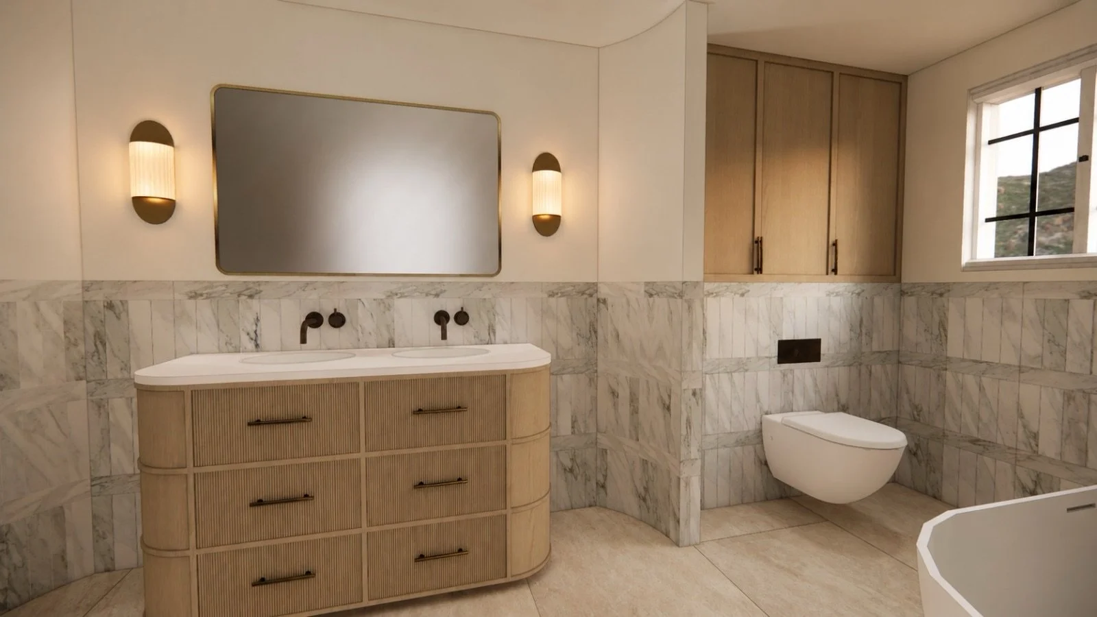 The Master en-suite for one of our full renovation projects. We've used a mixture of marble &amp; porcelain, Calacatta green monet marble with the limestone look porcelain. Our clients cannot wait to see this come to life! Short for storage? Don't wa