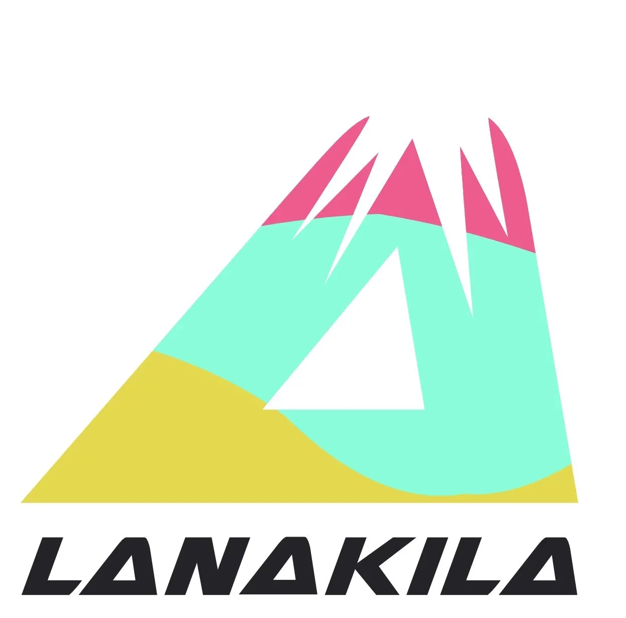 Logo der Marke Lanakila für nachhaltige Triathlon-Bekleidung: Abstraktes Logo mit einem großen Buchstaben A, bestehend aus bunten Formen in Pink, Cyan und Gelb, darüber der Schriftzug 'LANKILA' in Schwarz.