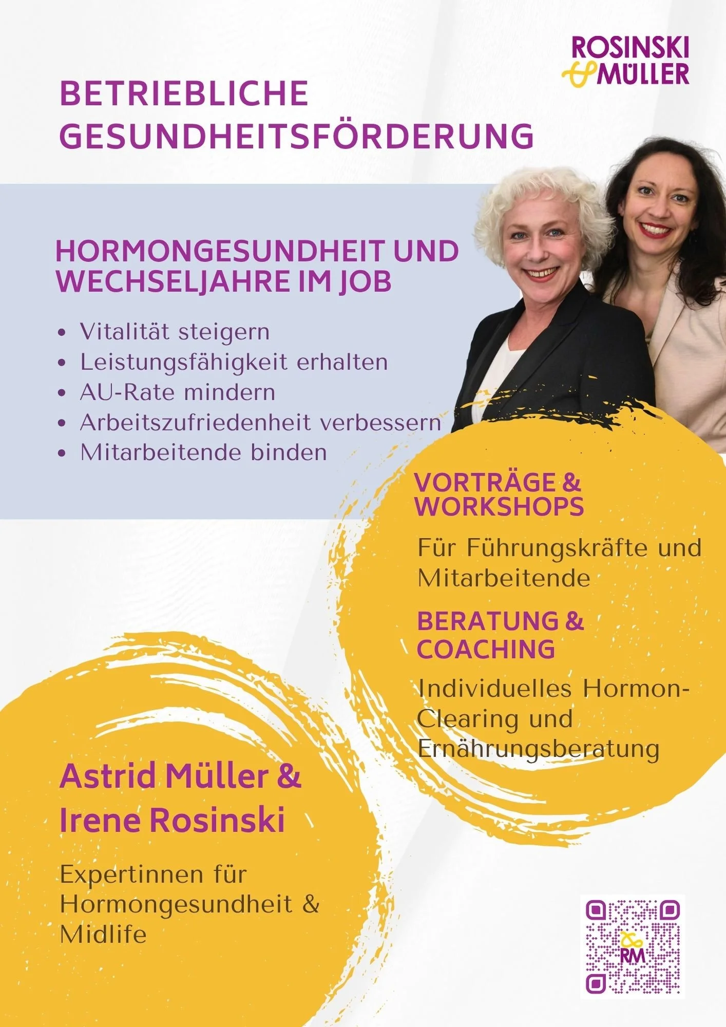 Flyer für ein Seminar zu Hormongesundheit und Arbeitswende im Job mit den Expertinnen Astrid Müller und Irene Rosinski, enthält Informationen über Vorträge, Workshops sowie Beratung und Coachings, QR-Code in der unteren rechten Ecke.