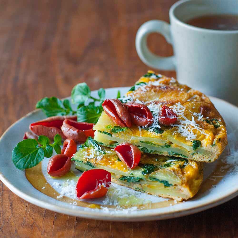 A deliciously simple frittata of potato and wild garlic is topped with garlic-scented mushrooms. You can use any well-flavoured, firm fungi, but we&rsquo;ve used pretty scarlet elf cups to make a special Valentine&rsquo;s breakfast or brunch.

Anothe