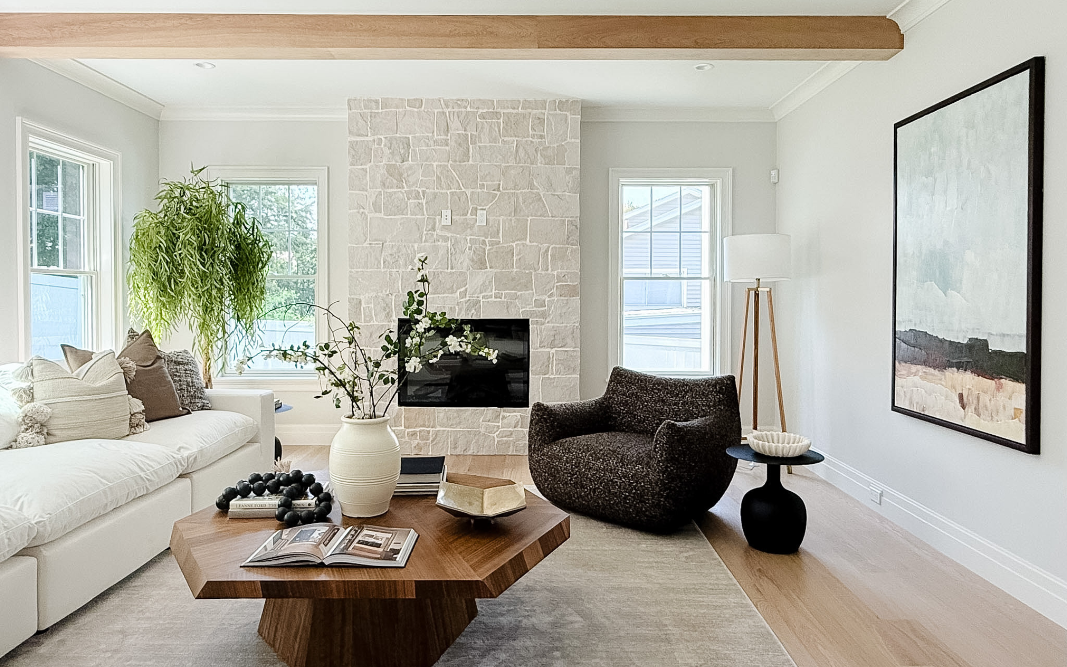 Staged family room, luxury staging, new construction, 70 Woodbine Circle, Needham, MA