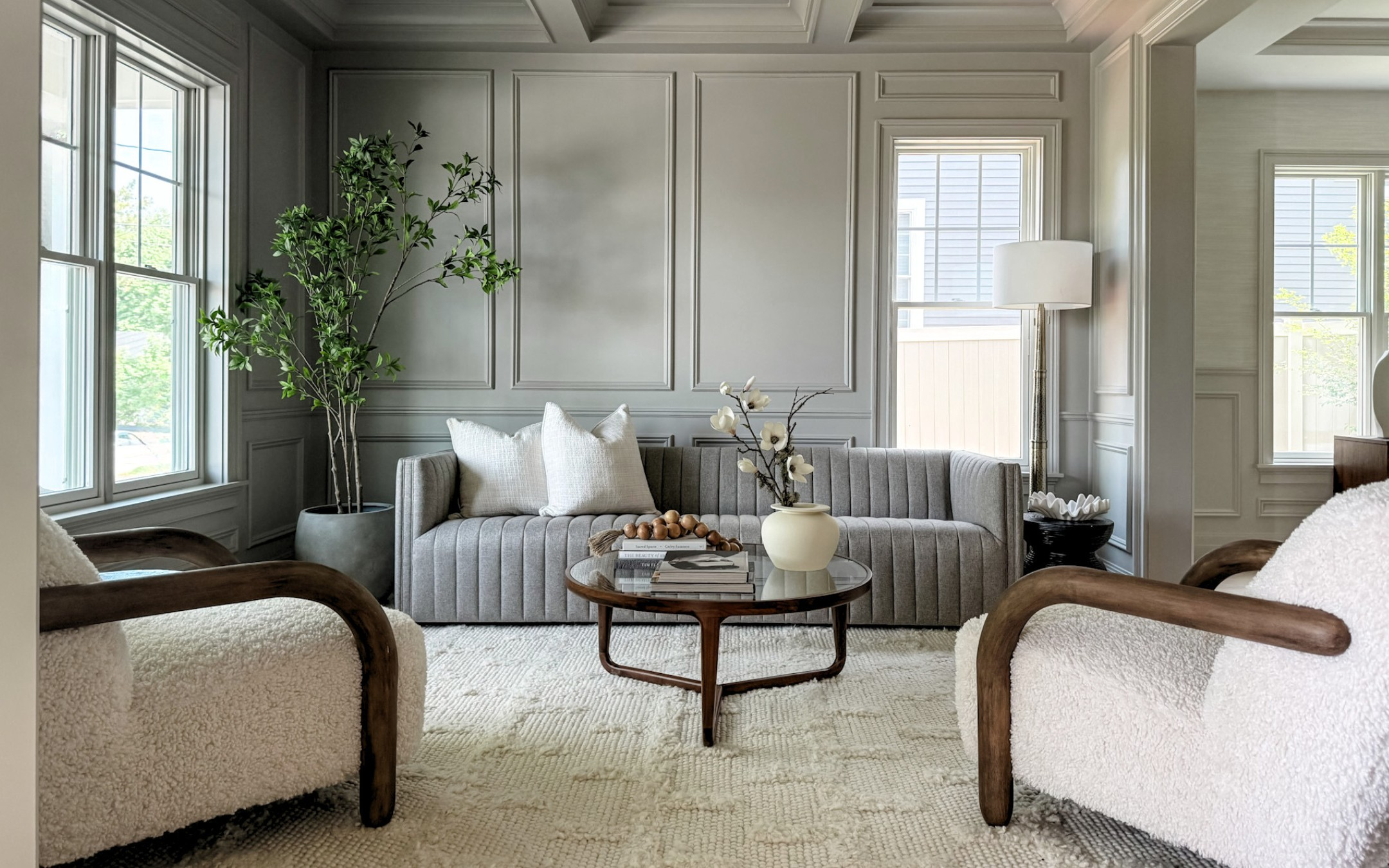 Staged living room, luxury staging, new construction, 70 Woodbine Circle, Needham, MA