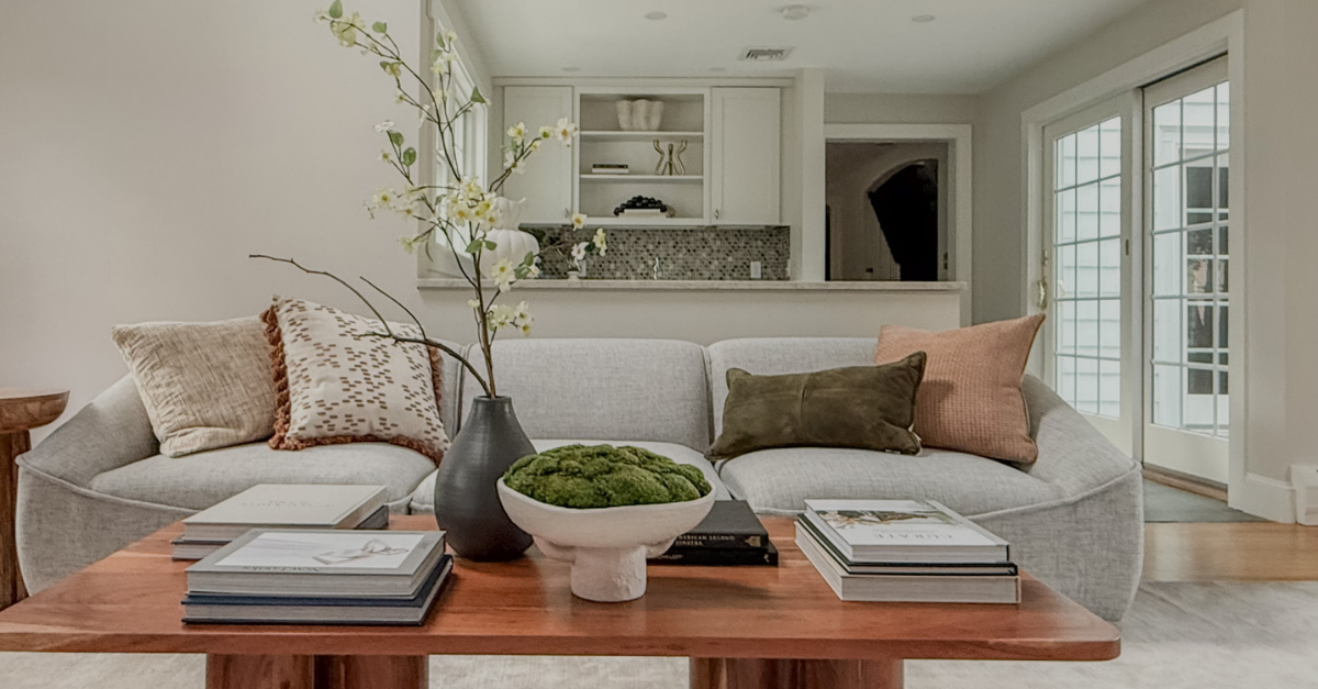 family room sofa, luxury staging, 57 Douglas Road, Needham, MA