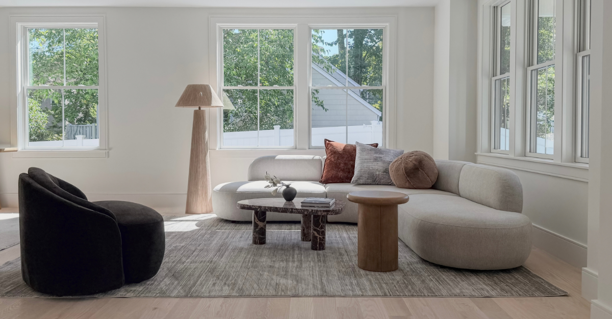Staged modern living room, new construction, 373 High Rock Street, Needham, MA