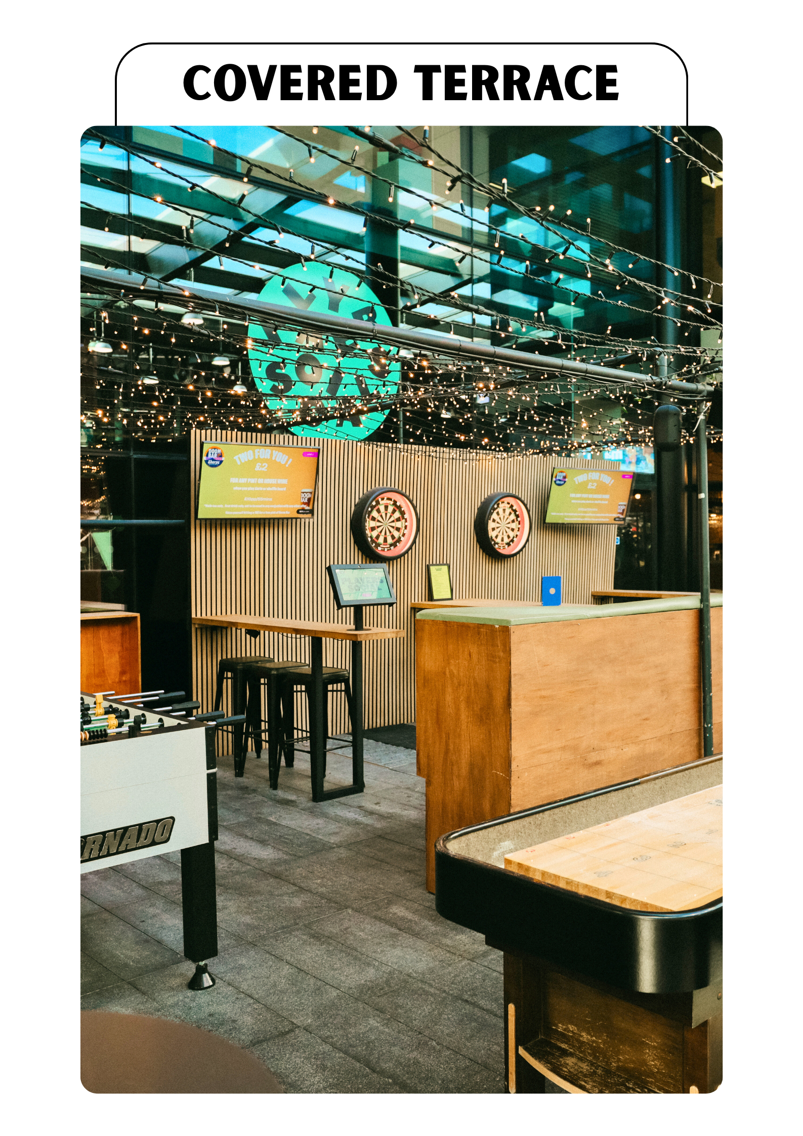 Covered Terrace hire for events & group bookings. Players Social East London Game & Cocktail Bar