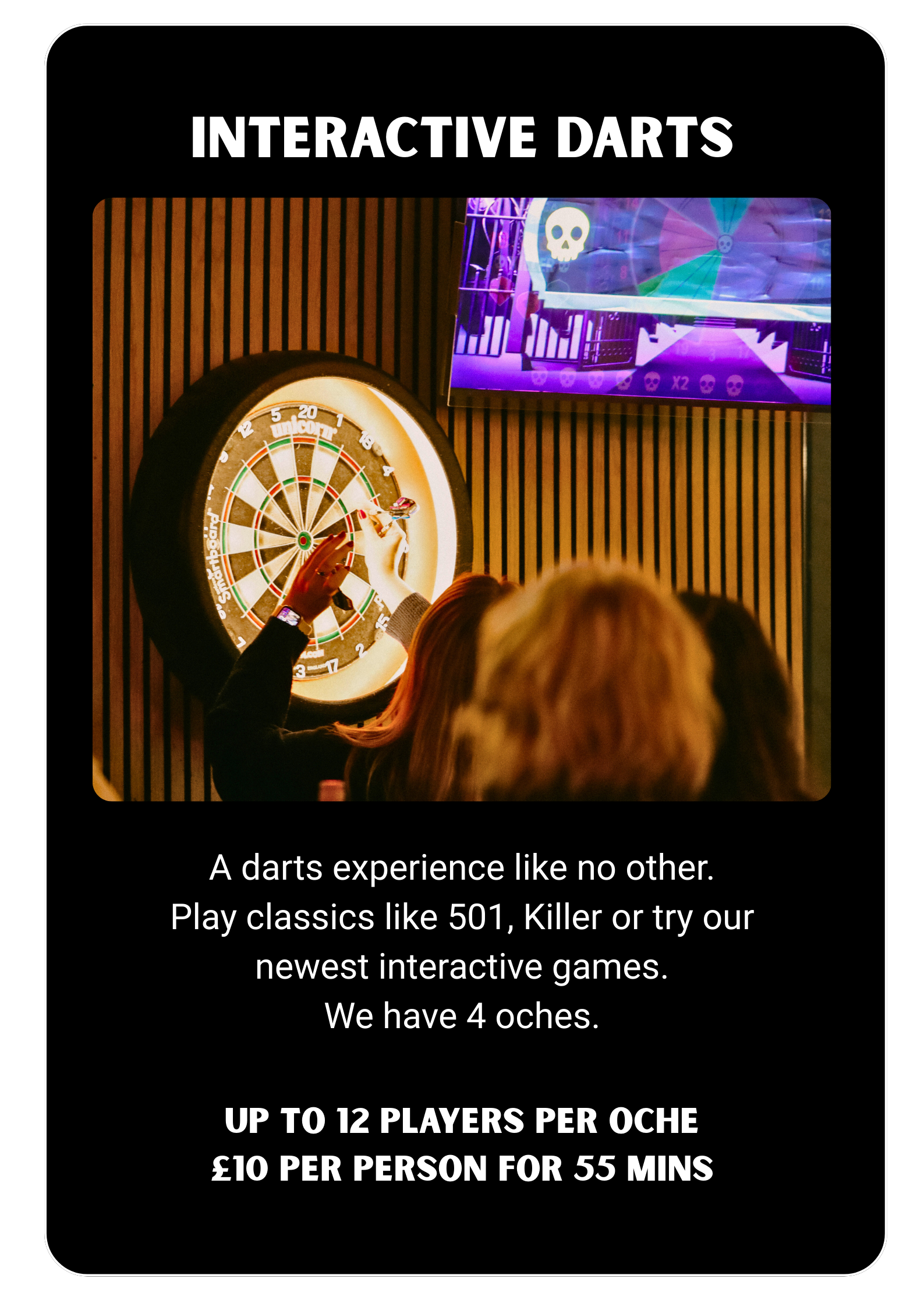 Poster advertising interactive darts with an image of a person playing darts on a digital dartboard and a screen in the background showing a game interface. The poster promotes the experience, games, prices, and player capacity. Players Social