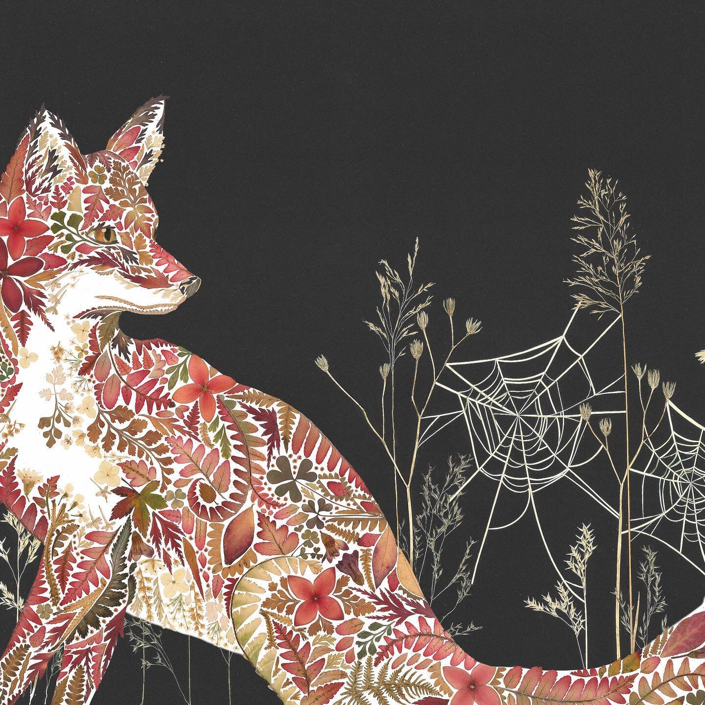 A fox in the nighttime, including pressed flowers from my Grandmothers garden, and cobwebs made out of grass blades 🍁🍂🥀 (from A Year in the Wild / Drawn from Nature) #pressedflowers #pressedflowerart #foxillustration