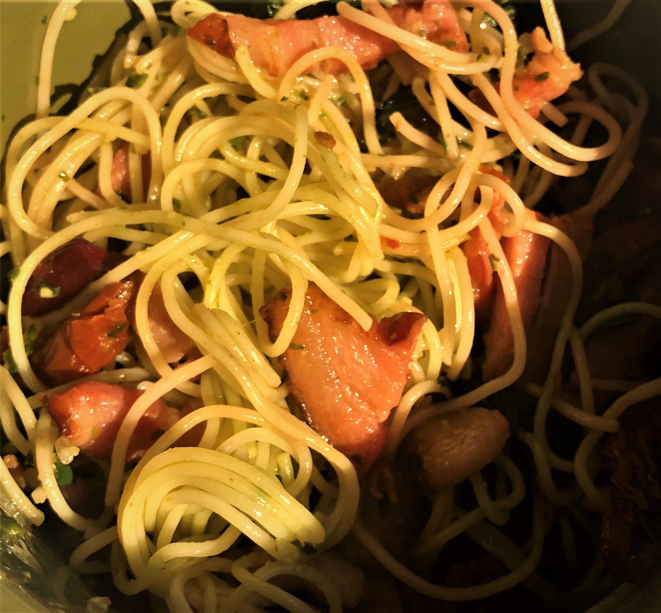Angel Hair with pesto, beet greens, and bacon