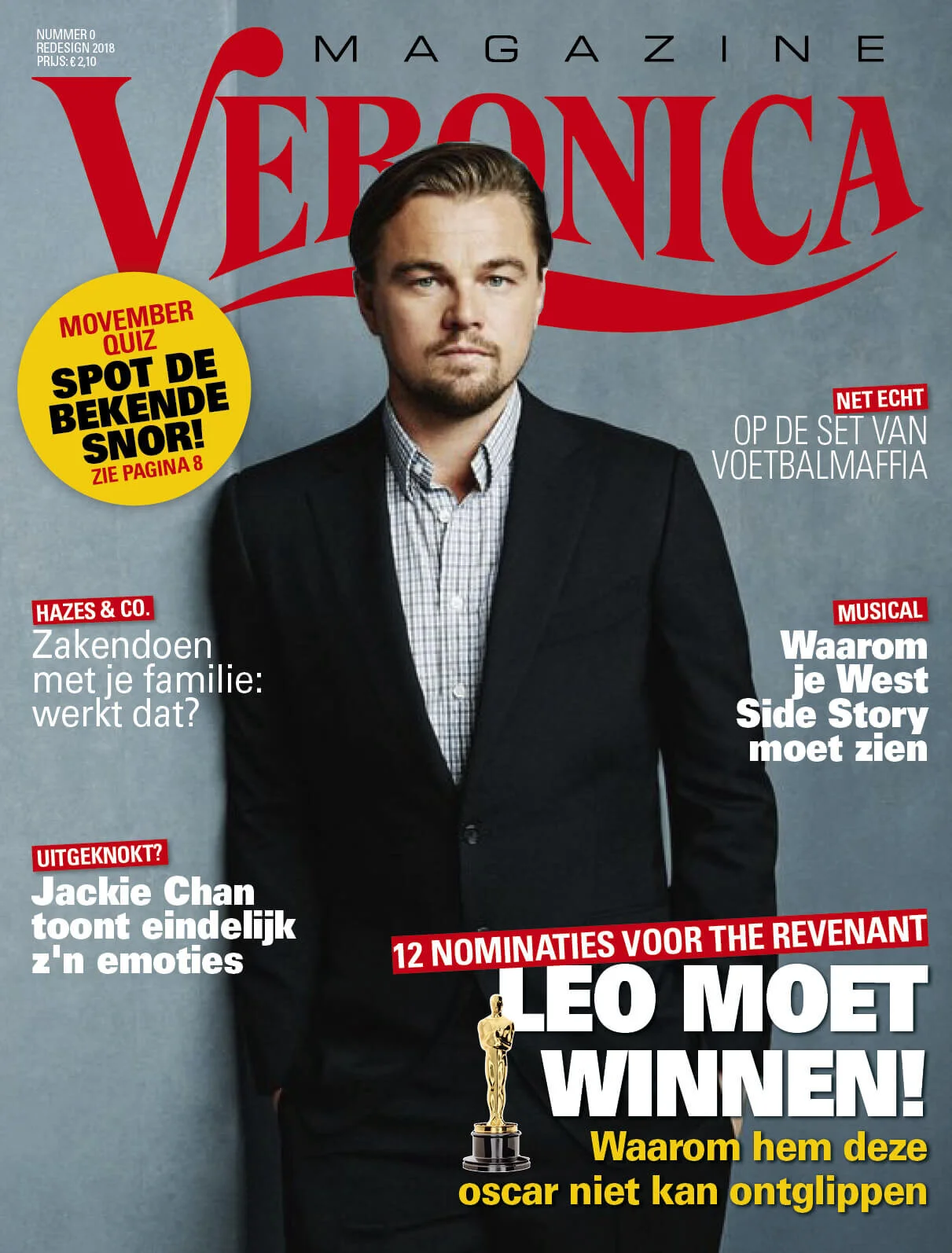 Dutch magazine cover featuring actor Leonardo DiCaprio in a suit, with headlines about movies, celebrities, and awards.
