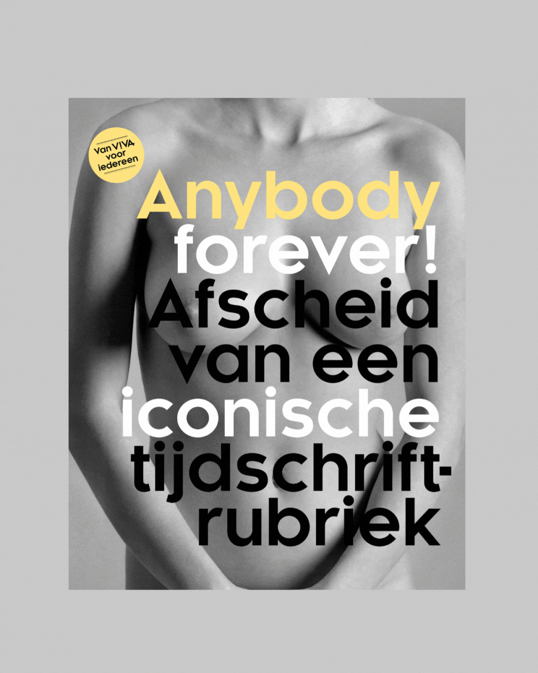 Book cover featuring a grayscale photo of a woman's torso with text in Dutch and yellow, white, and black fonts.