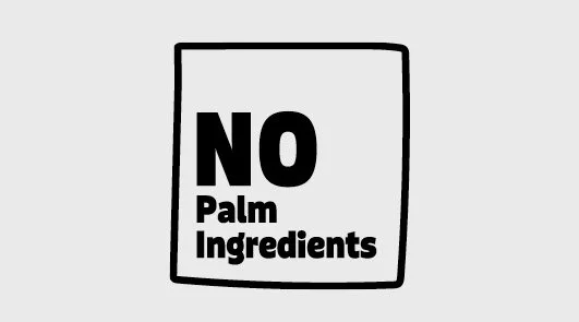 Logo with the words "NO Palm Ingredients" in bold letters inside a tilted rectangular border.